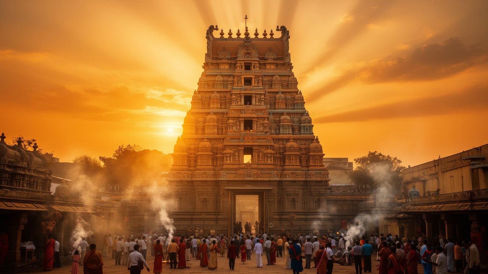 South Indian temple gopuram at golden sunrise